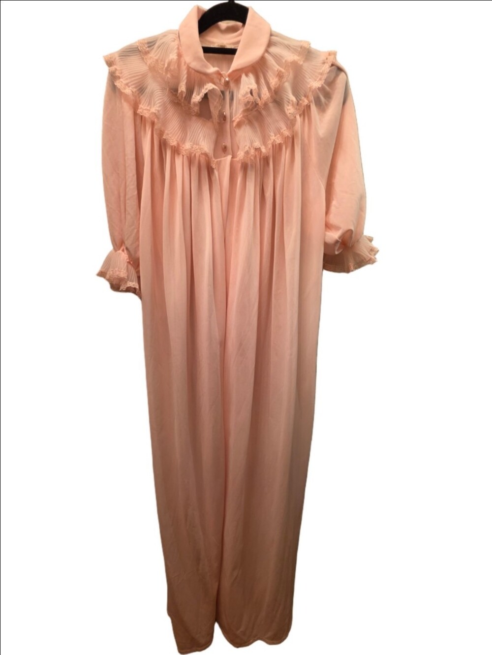 Vintage Pink Peignoir Robe Nightgown Lace Ruffle Maxi 70s 80s Romantic